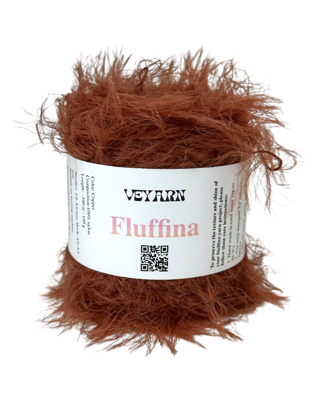 Brown yarn ball with a label on a white background