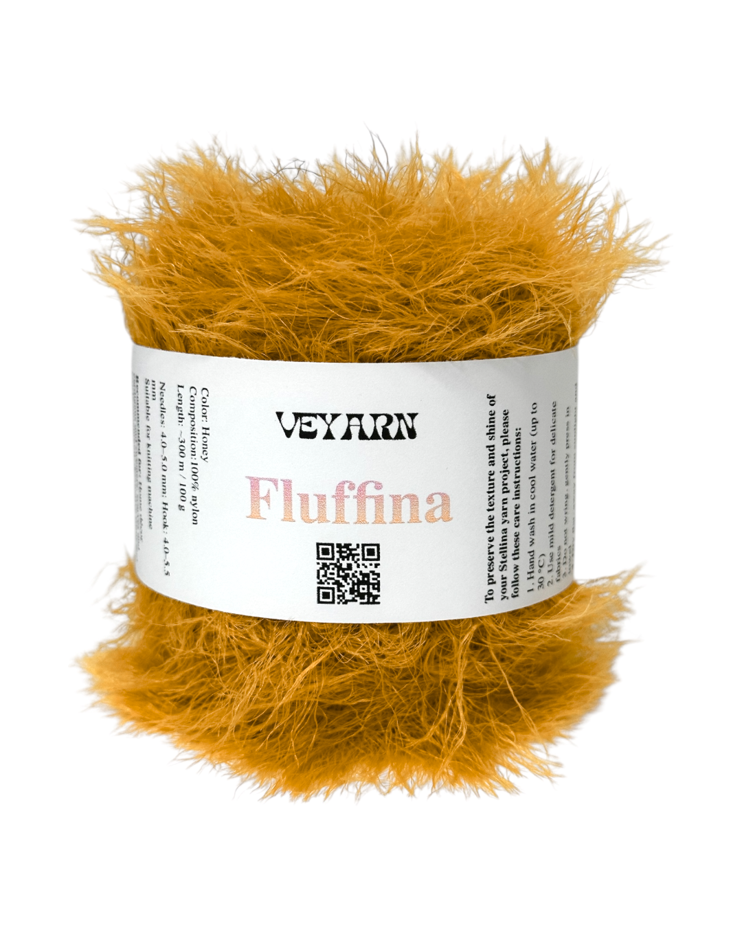 Ball of yellow yarn with 'Veyarn Fluffina' label on a white background
