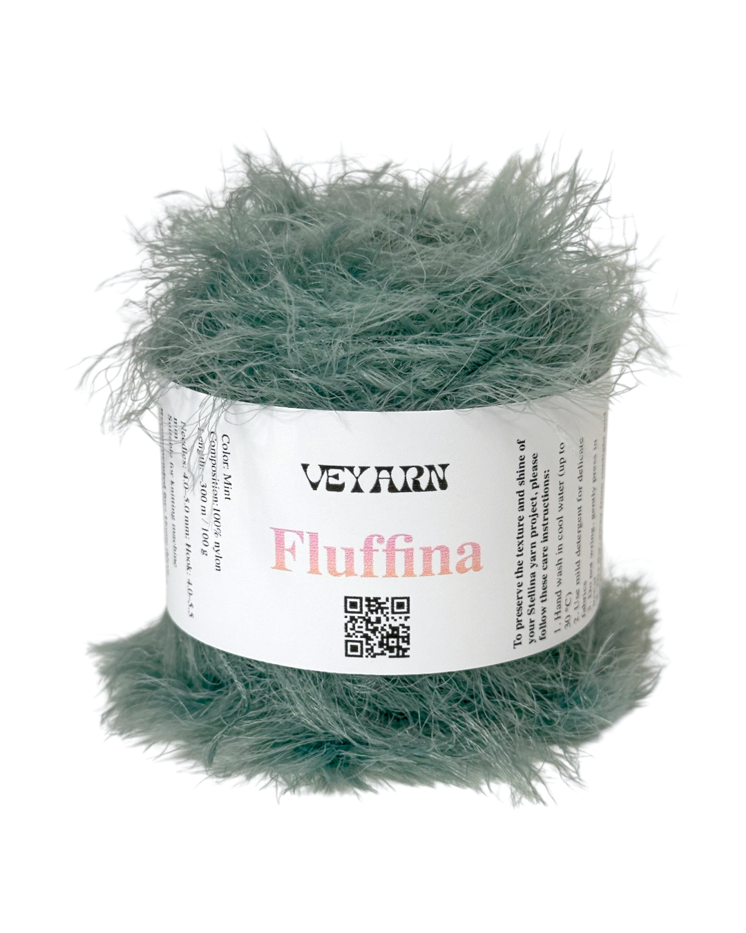 Ball of green yarn with a Veyarn label on a white background