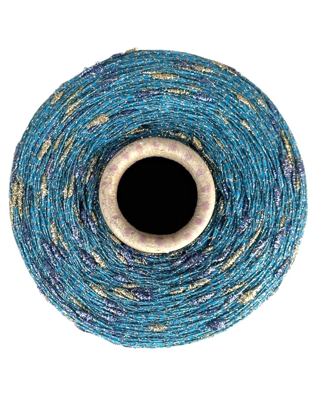 Roll of blue and gold thread on a white background