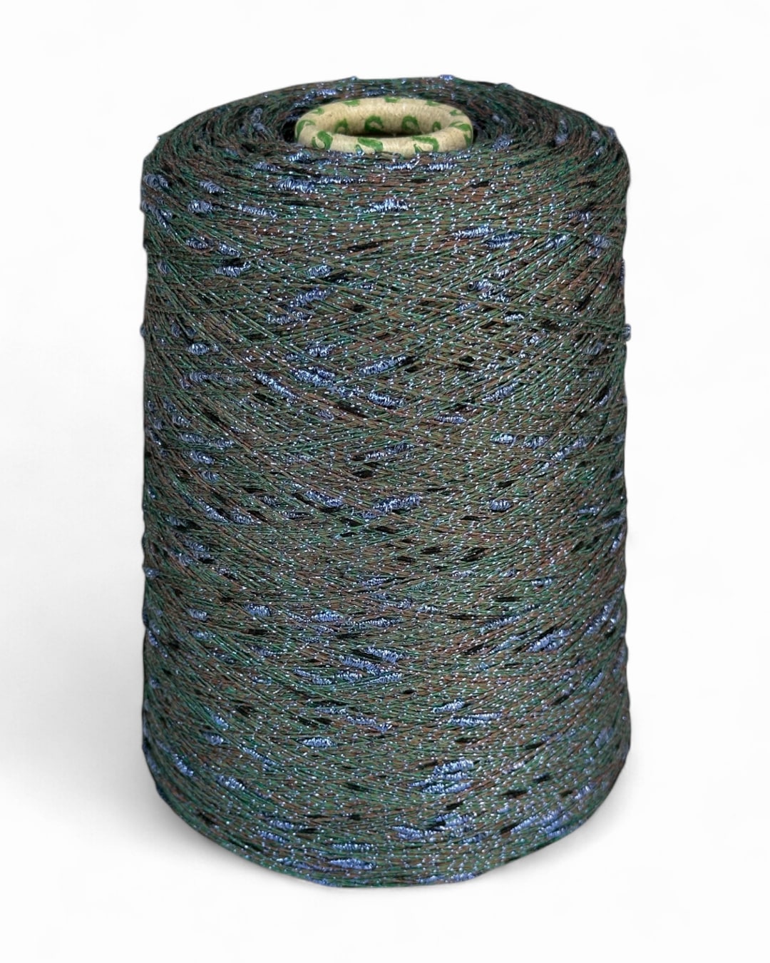 Cone of Forest Flame yarn with turquoise knots, front view