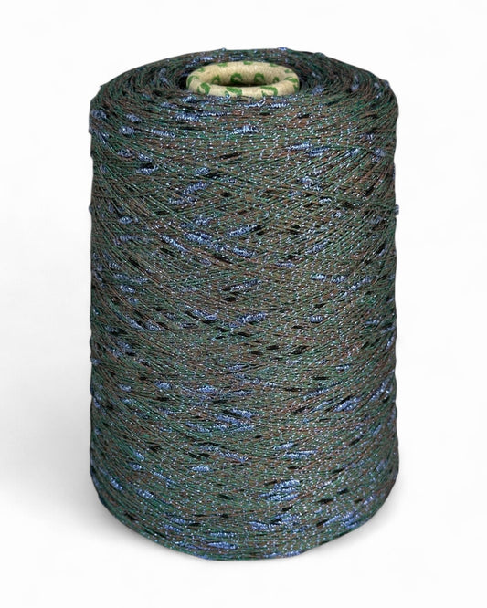 Cone of Forest Flame yarn with turquoise knots, front view
