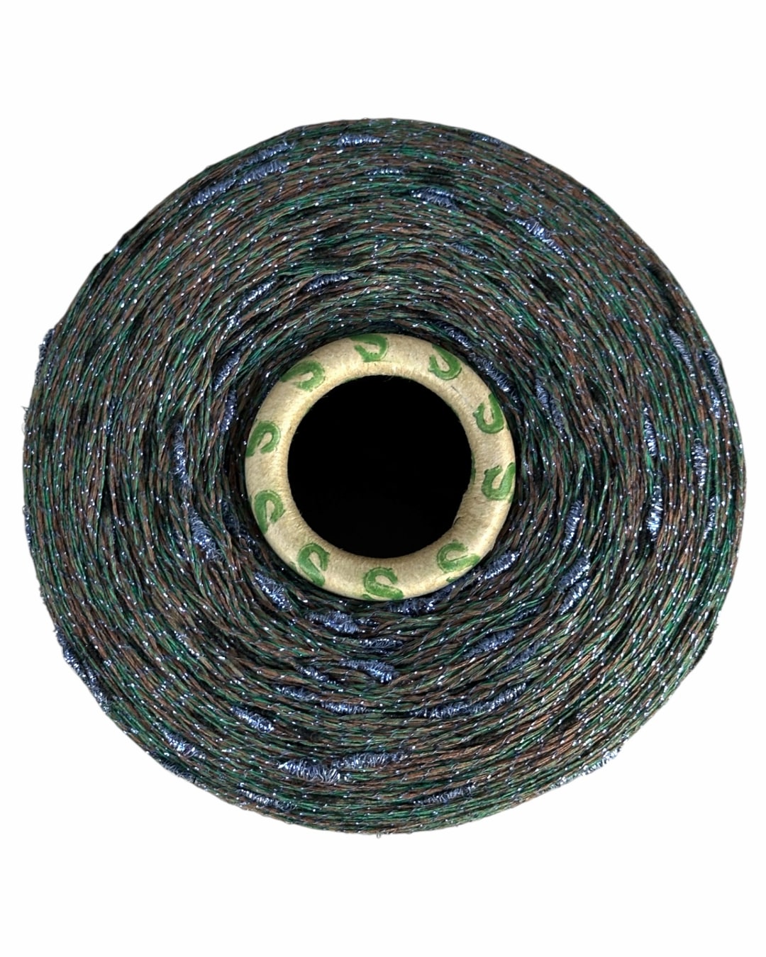 Roll of green thread with a metal bobbin on a white background