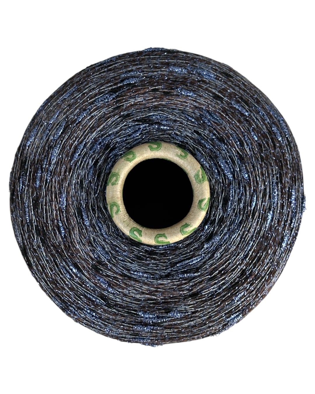 Roll of black thread with a gold spool on a white background