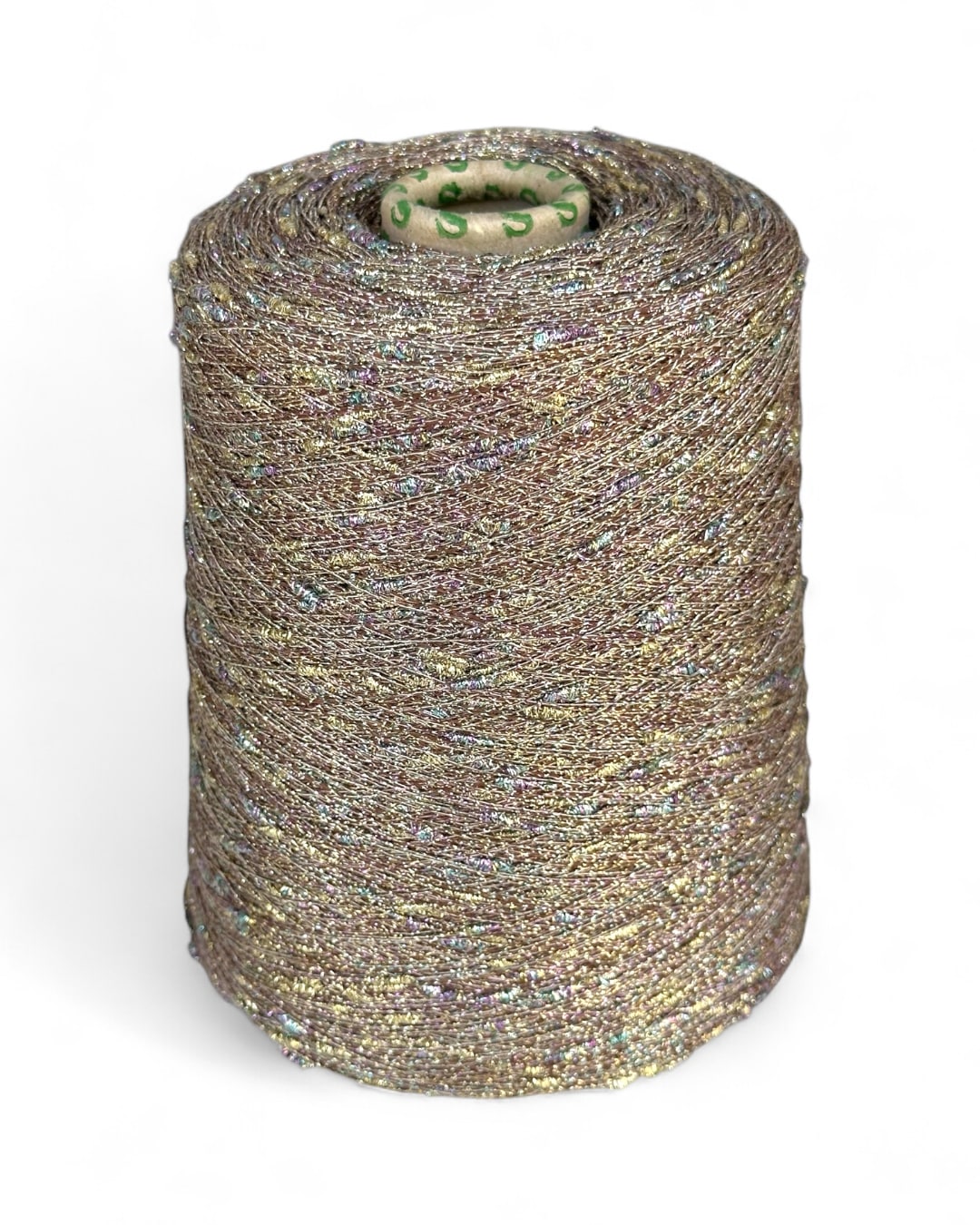 Stellina “Gilded Mist” knot yarn with gold base and colorful sparkle, on cone