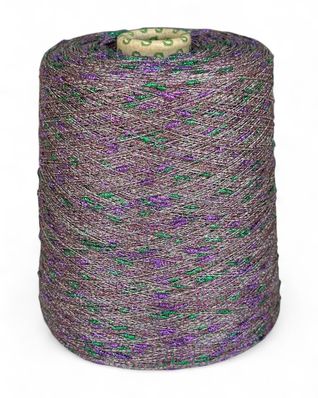 Poison Garden yarn cone with green and purple slubs
