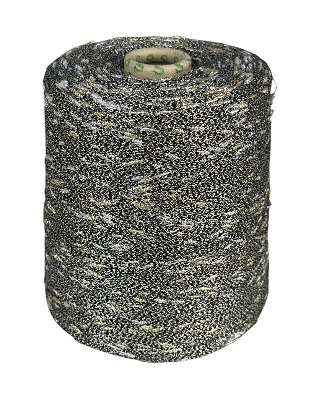 Stellina “Black Stardust” yarn with black base and metallic knots, cone