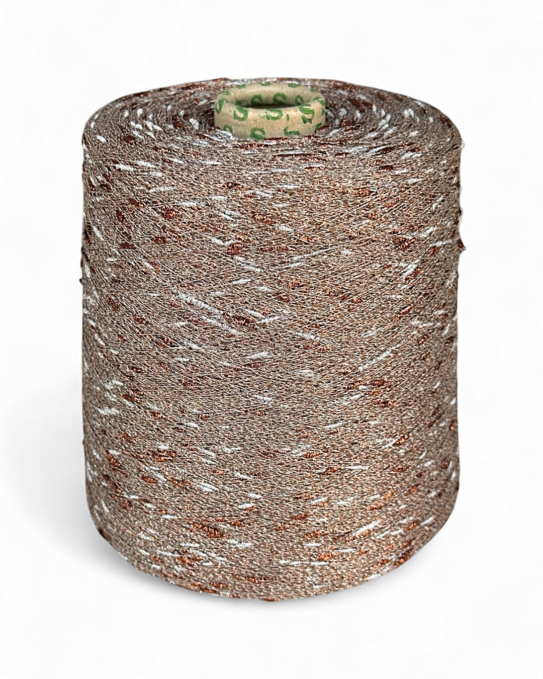 Stellina “Copper Dune” yarn — brown base with copper and silver knots, cone