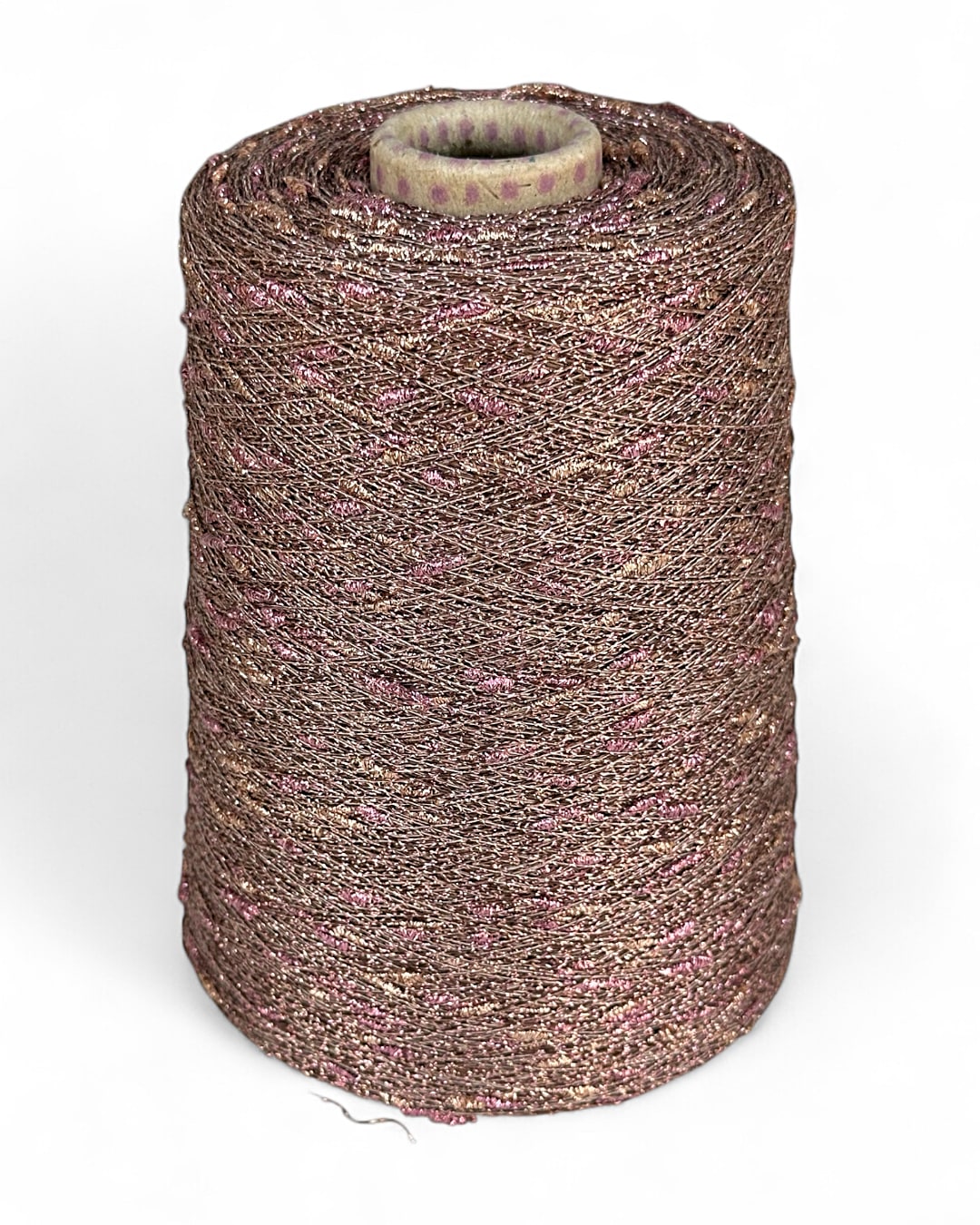 Stellina “Rose Ember” yarn — bronze base with pink and gold sparkle, on cone