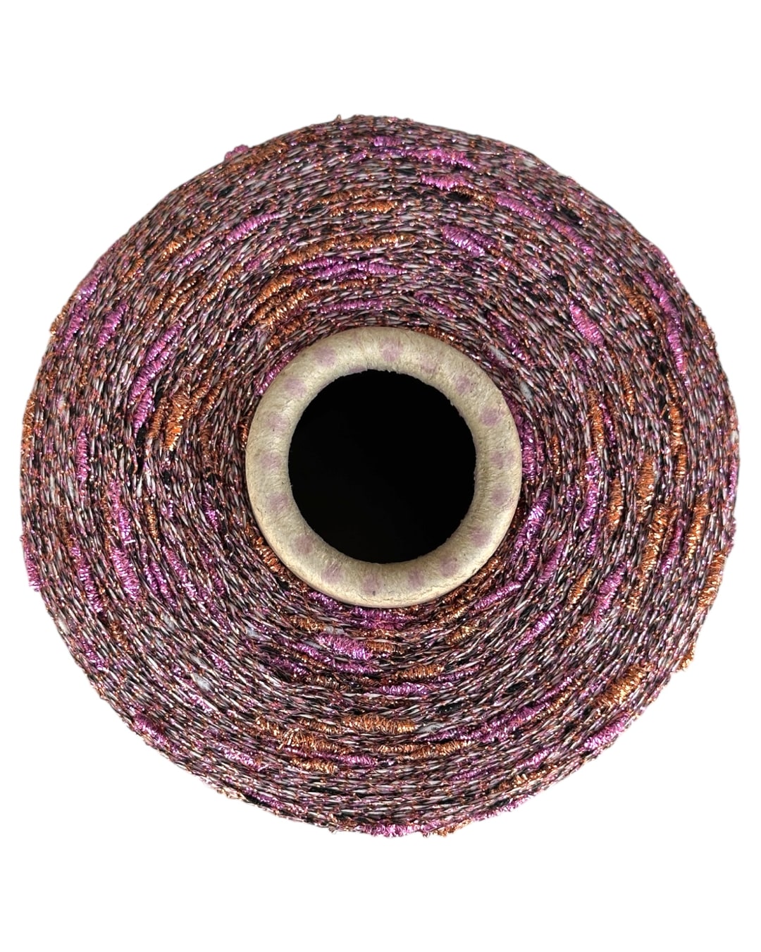 “Sunset Twist” — bold knot yarn with pink and copper sparkle