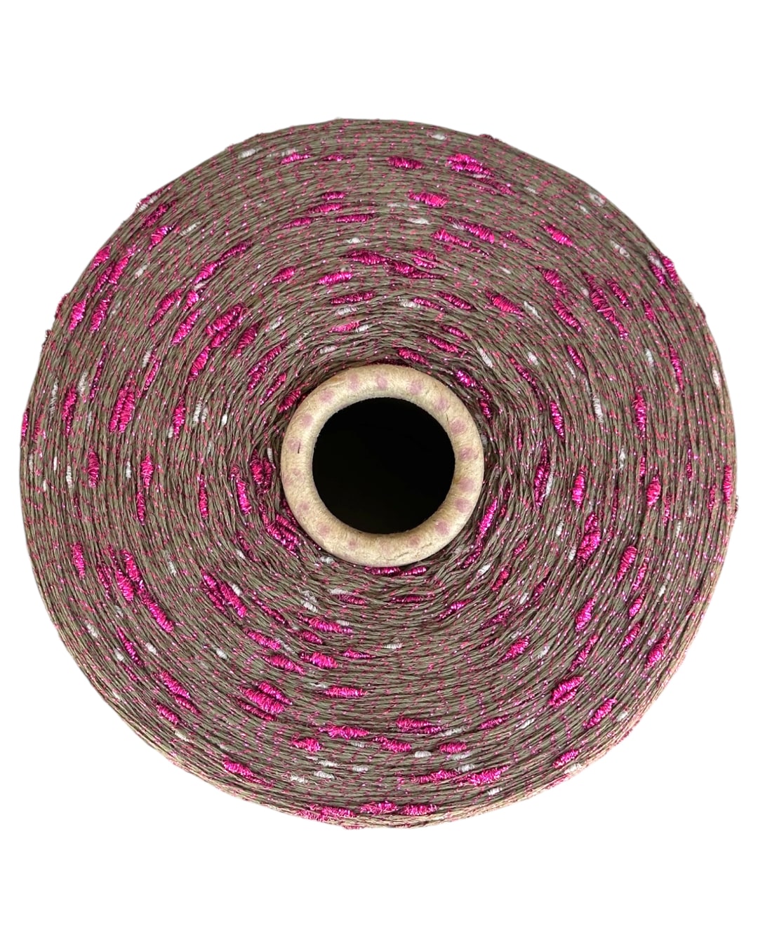 Roll of pink and gray yarn on a white background