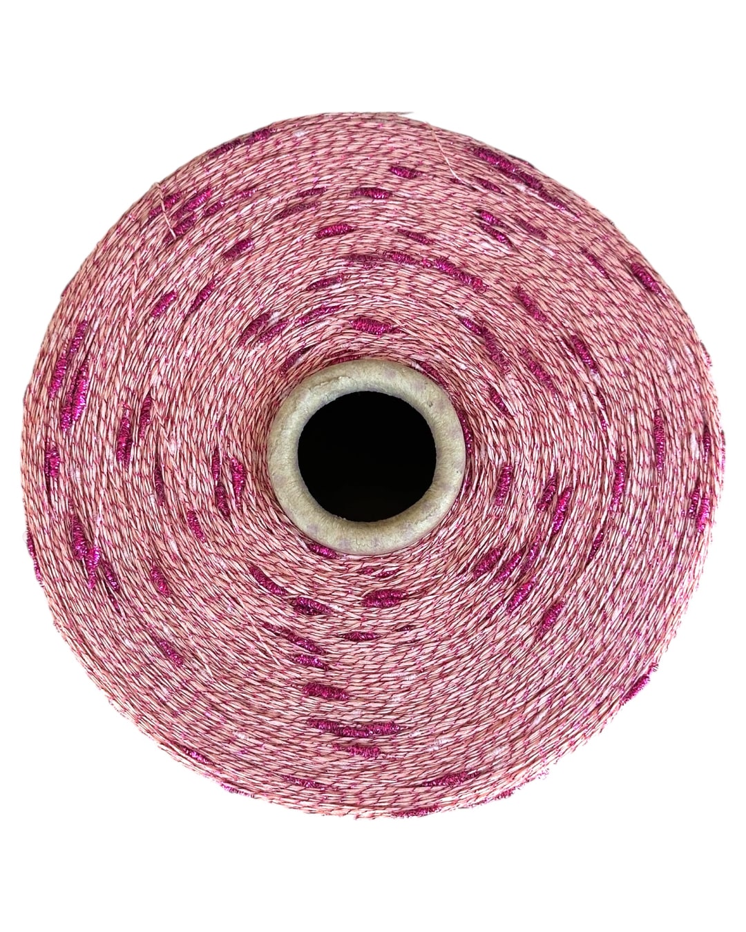 Spool of pink thread with a white core on a white background
