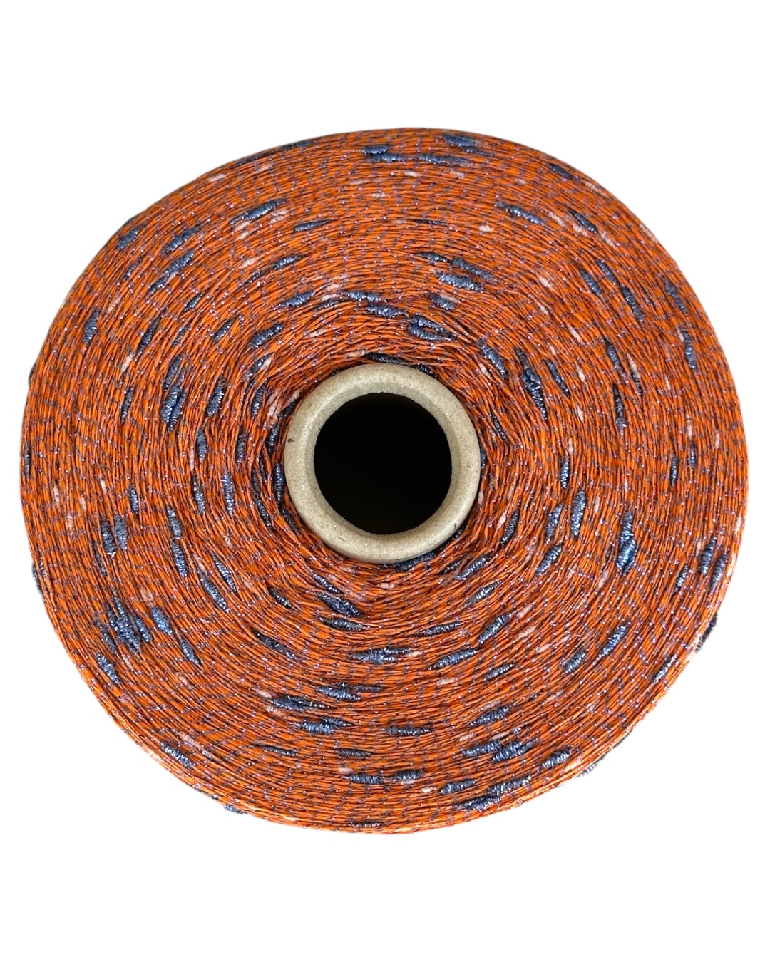 Roll of orange and blue thread on a white background