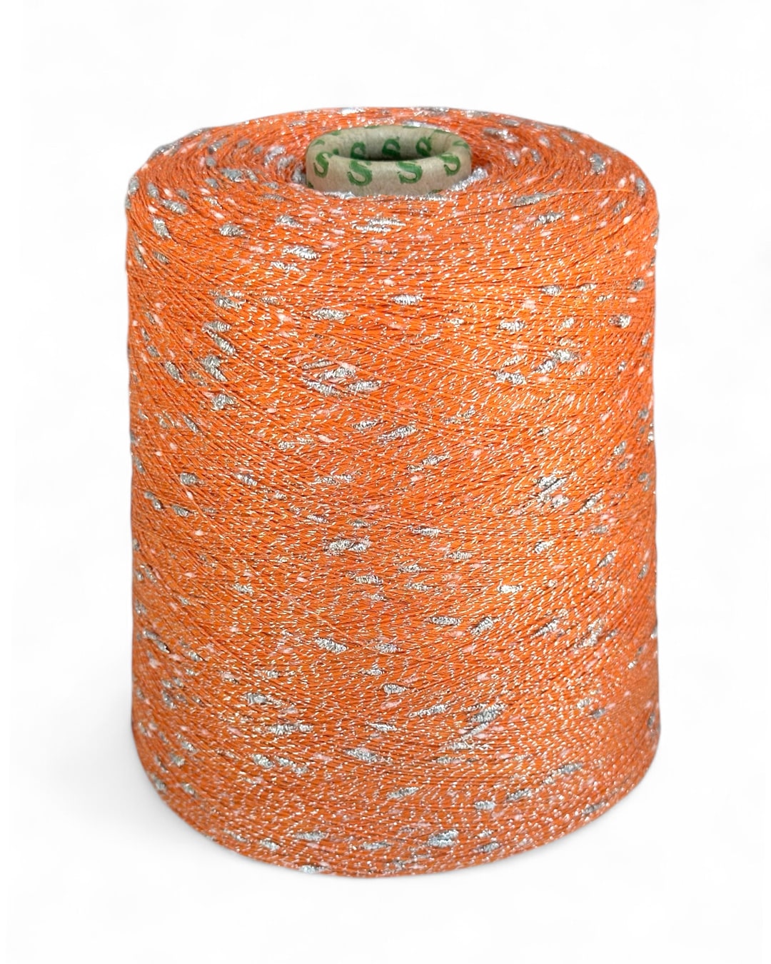 Citrus Spark knot yarn with vibrant orange base and silver sparkle