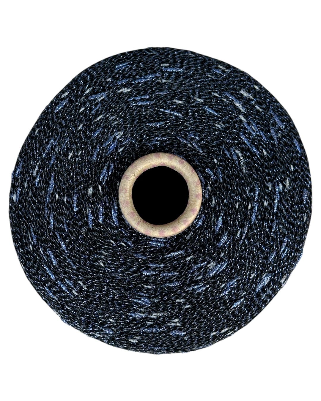 Roll of black thread with white specks on a white background
