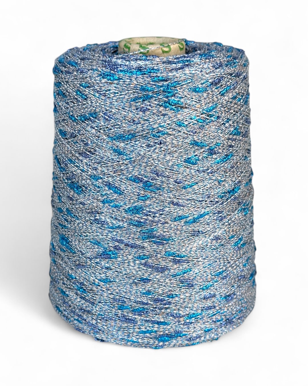 Glacier Shine knot yarn with silver base and turquoise-blue sparkle