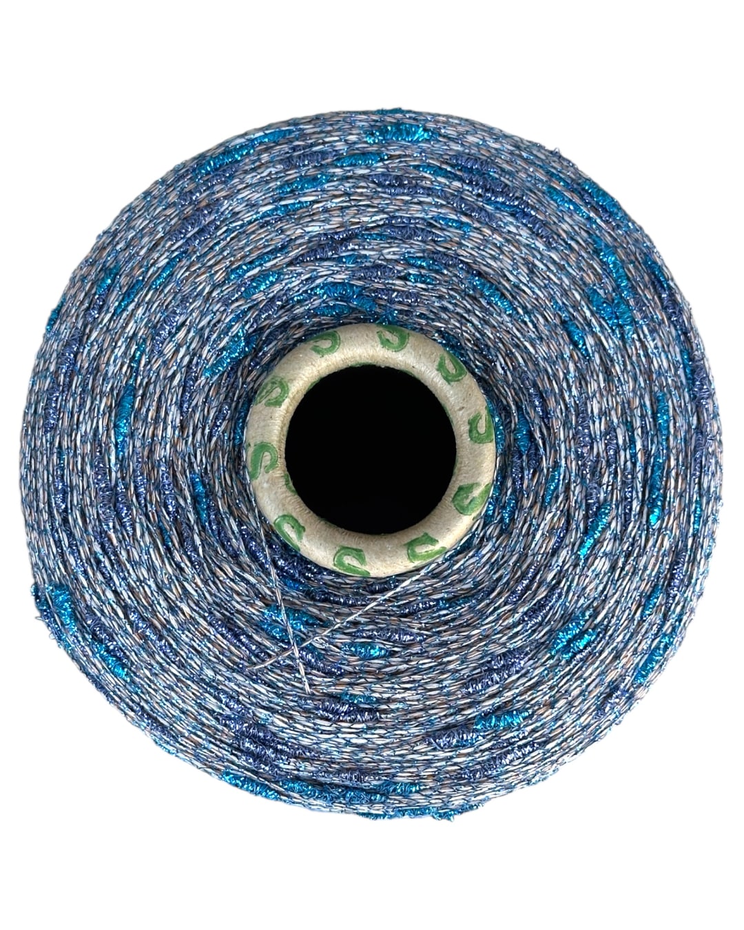 Spool of blue thread with metallic sheen on a white background