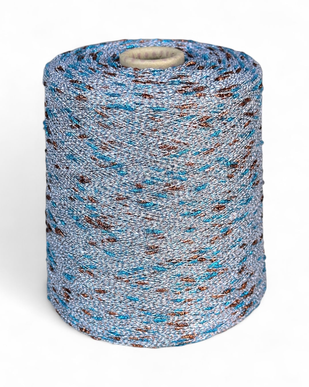 Copper Wave yarn — silver base with aqua and copper sparkle knots
