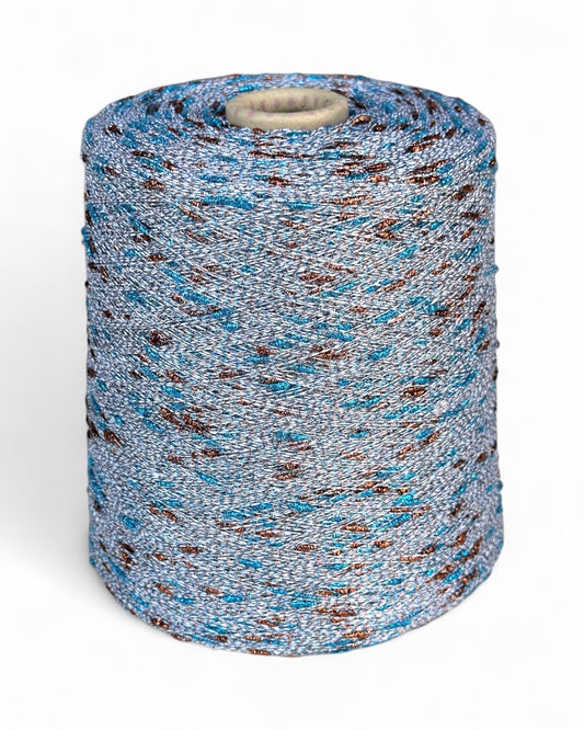 Copper Wave yarn — silver base with aqua and copper sparkle knots