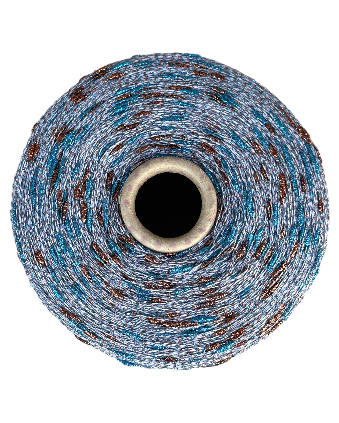Roll of blue and brown woven material on a white background