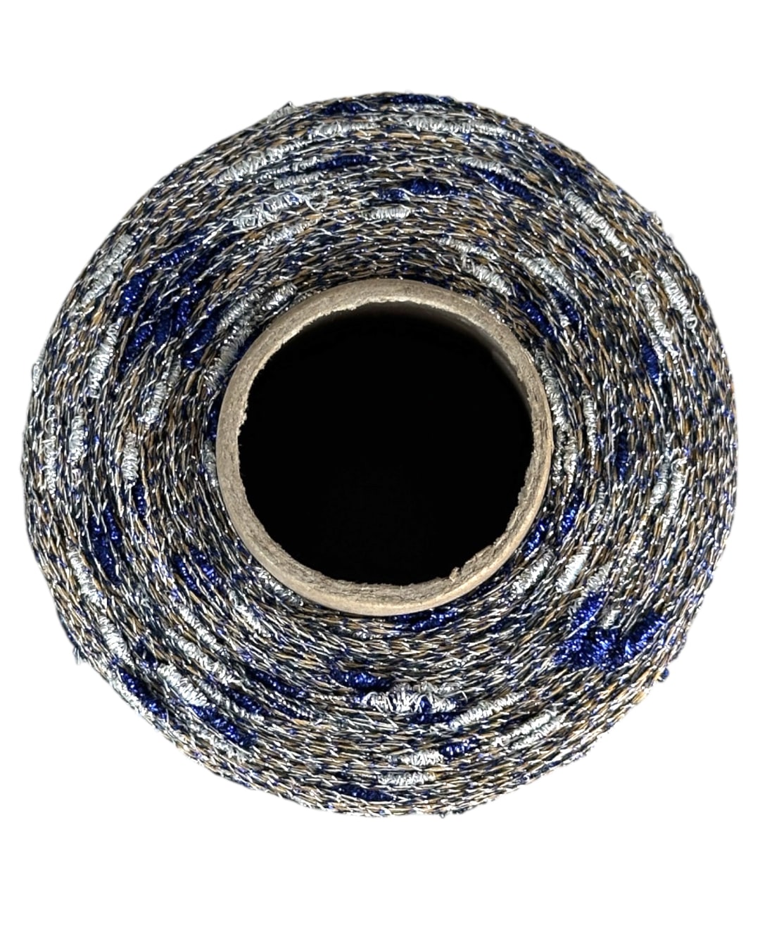 Roll of blue and silver braided wire on a white background