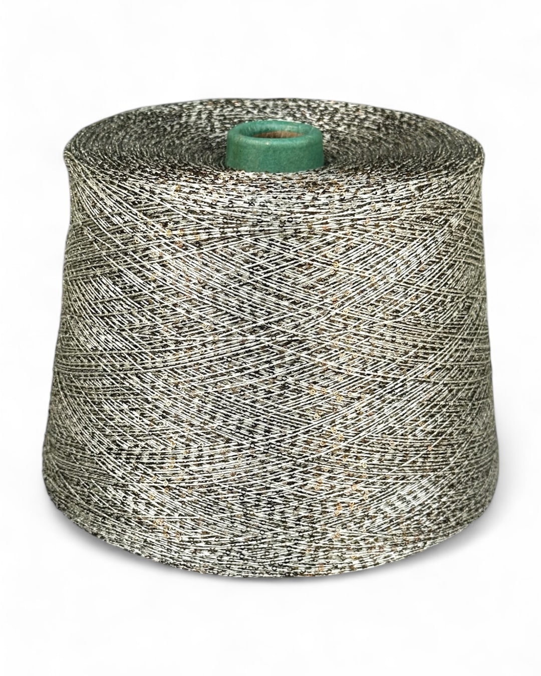 Gilded Ash” sequin yarn on a pale base — front view