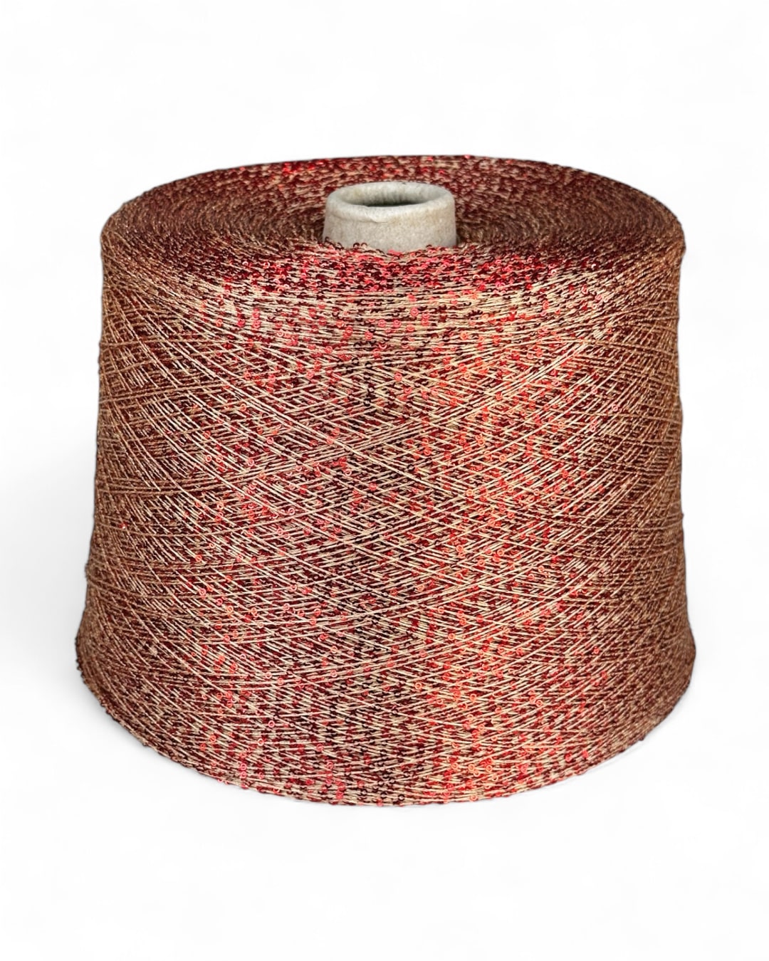 Sequin yarn with red sparkle on caramel base, front view