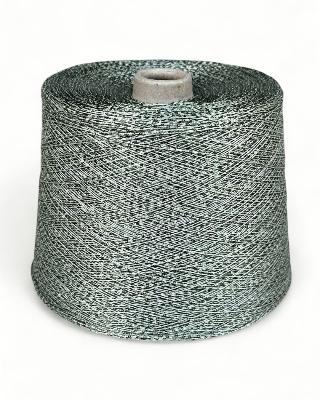 Sequin yarn with sage shimmer on silver base, front view