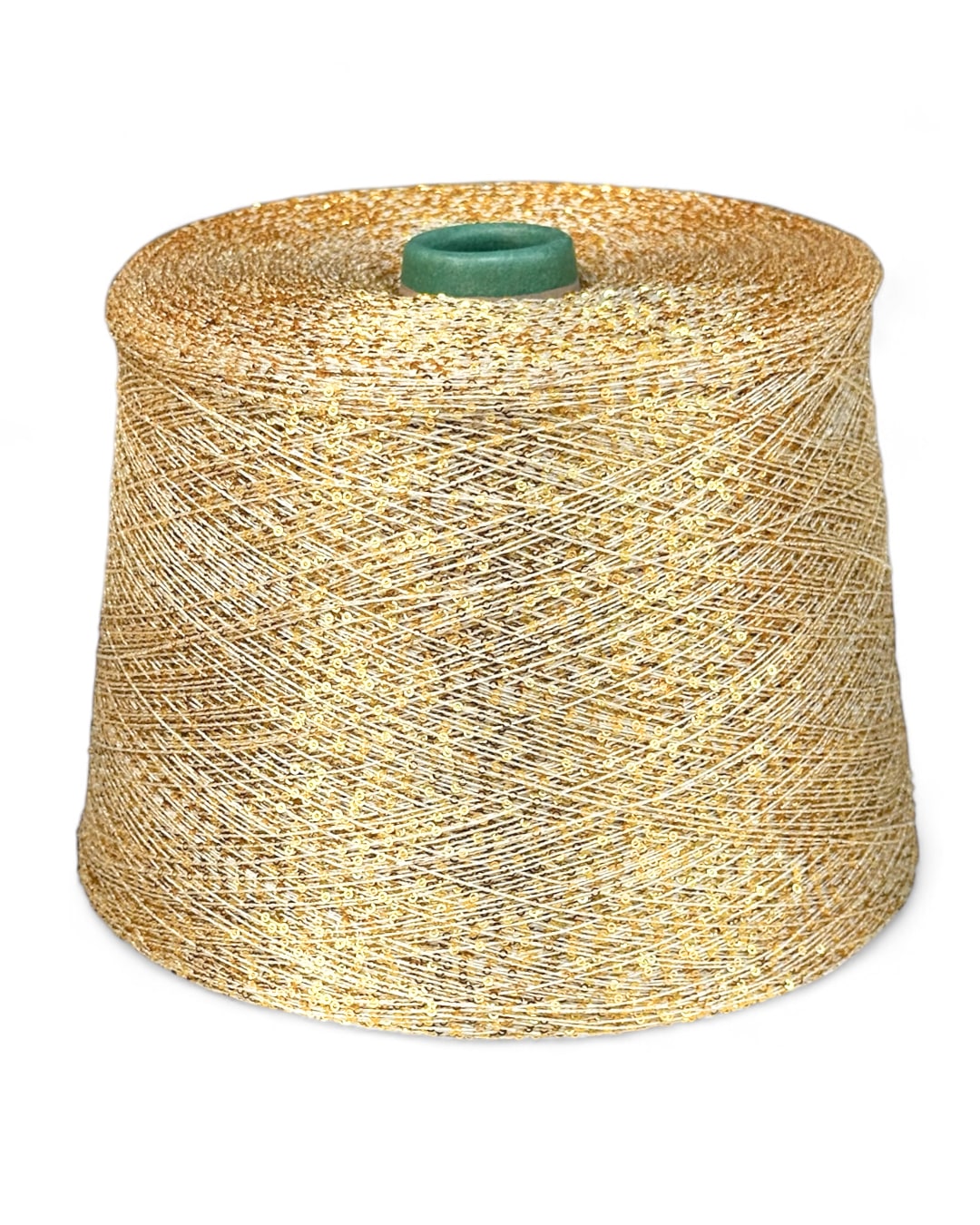 Golden Aura sequin yarn on a light base, front view