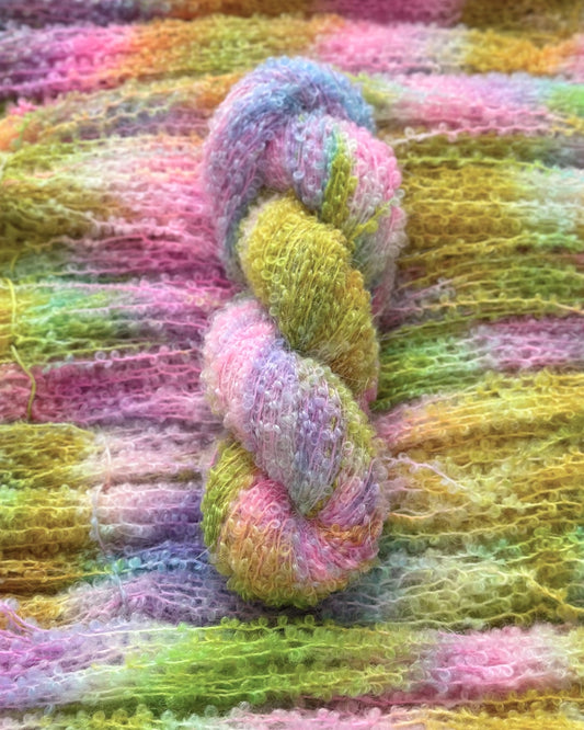 Luxurious kid mohair and silk blend yarn in pastel rainbow colors, 250 meters per 100 grams.