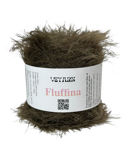 Ball of brown yarn with a Veyarn label on a white background