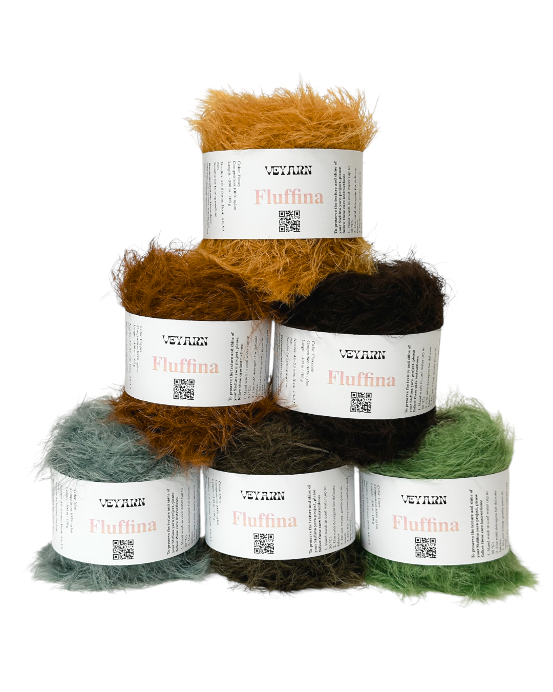 Stack of Veyron Fluffina yarn in various colors on a white background