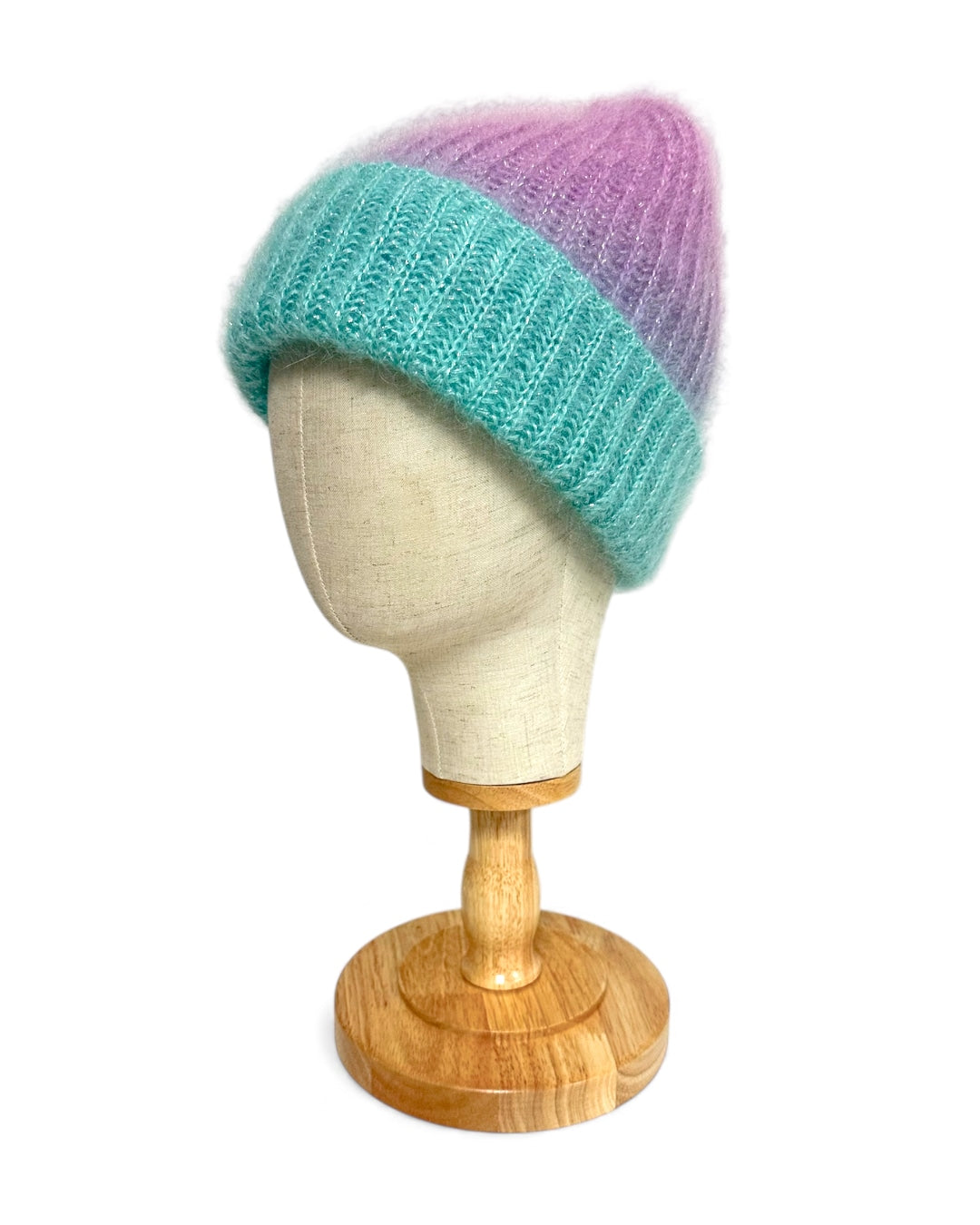 Turquoise–Lilac Gradient Mohair Beanie with Lurex