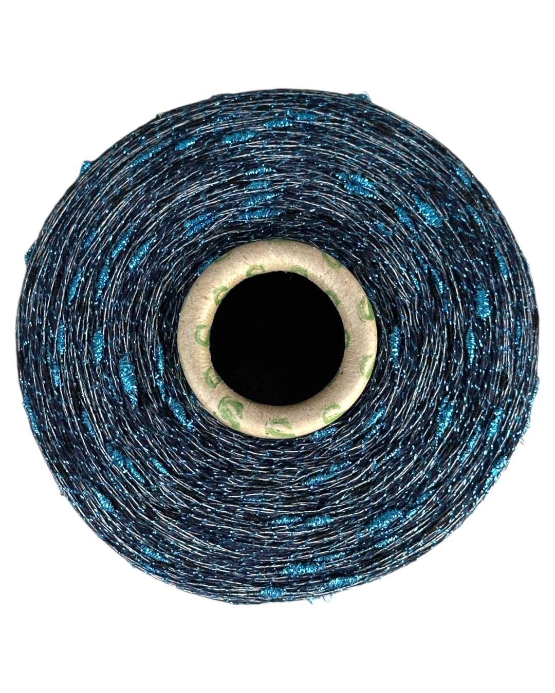Roll of blue thread with a metallic core on a white background