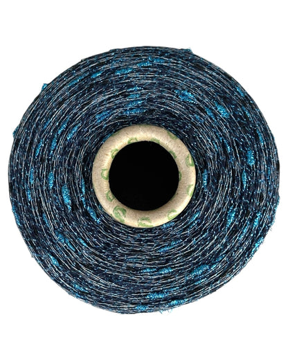 Roll of blue thread with a metallic core on a white background