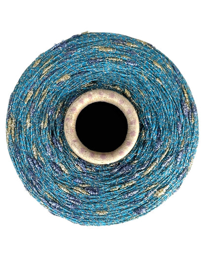 Roll of blue and gold thread on a white background