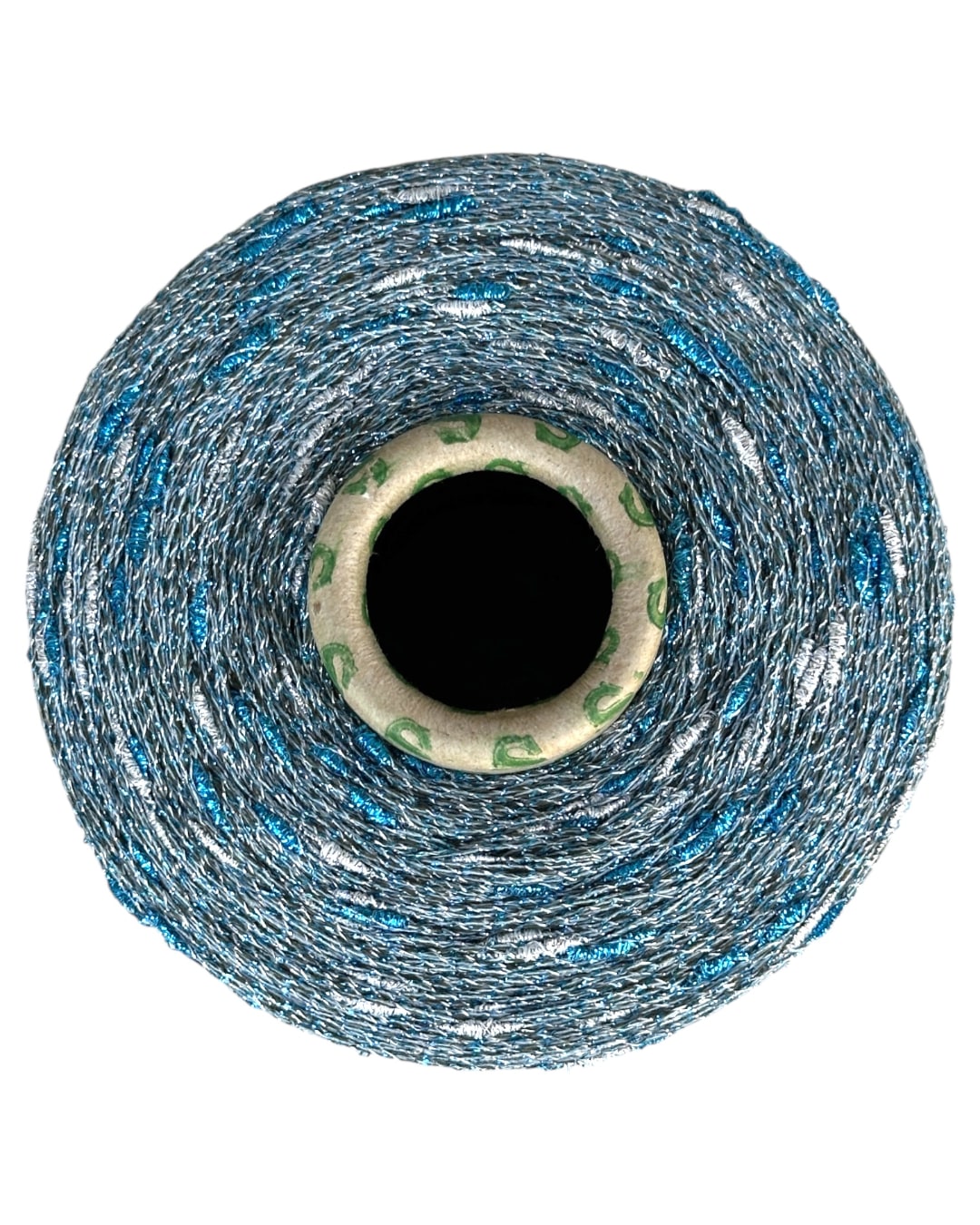 Top view of Stellina Ice Flash yarn cone with icy silver and turquoise sparkle