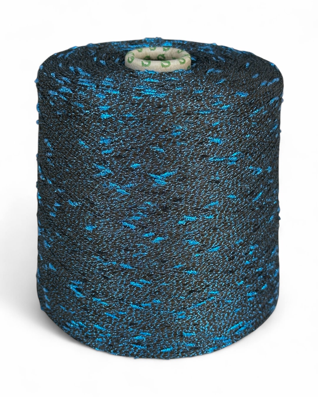 Fancy yarn with turquoise knots on dark base, cone view