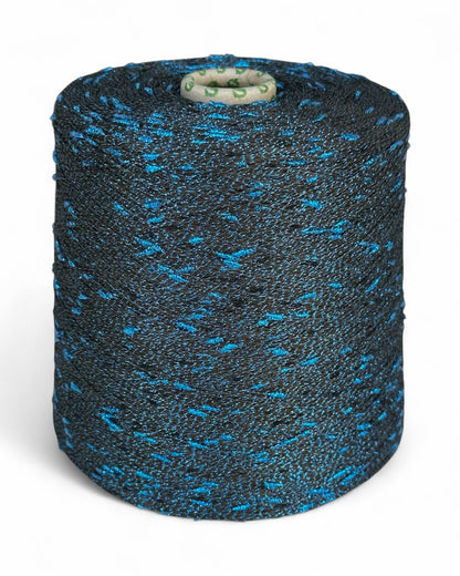 Fancy yarn with turquoise knots on dark base, cone view