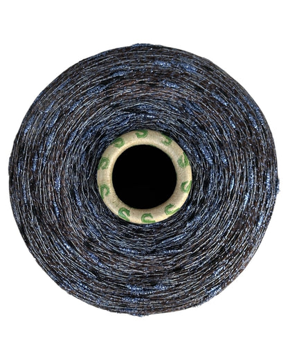 Roll of black thread with a gold spool on a white background