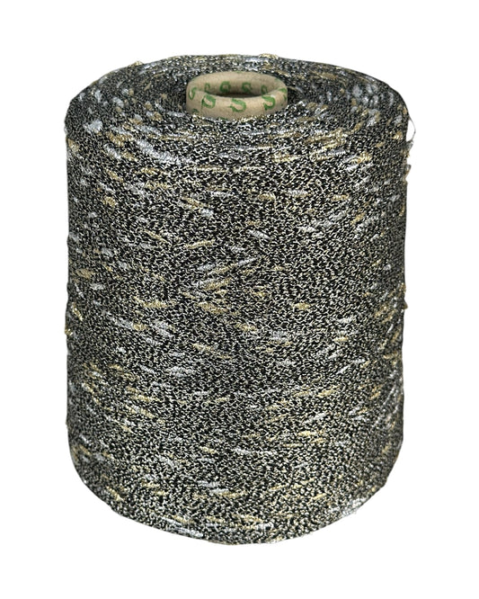 Stellina “Black Stardust” yarn with black base and metallic knots, cone