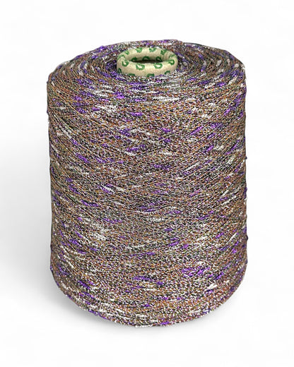 Stellina “Twilight Amethyst” yarn — bronze base with purple and silver knots, cone