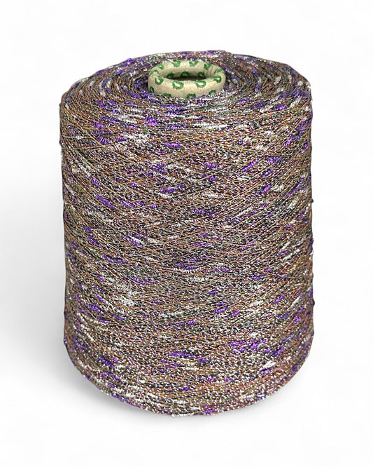 Stellina “Twilight Amethyst” yarn — bronze base with purple and silver knots, cone