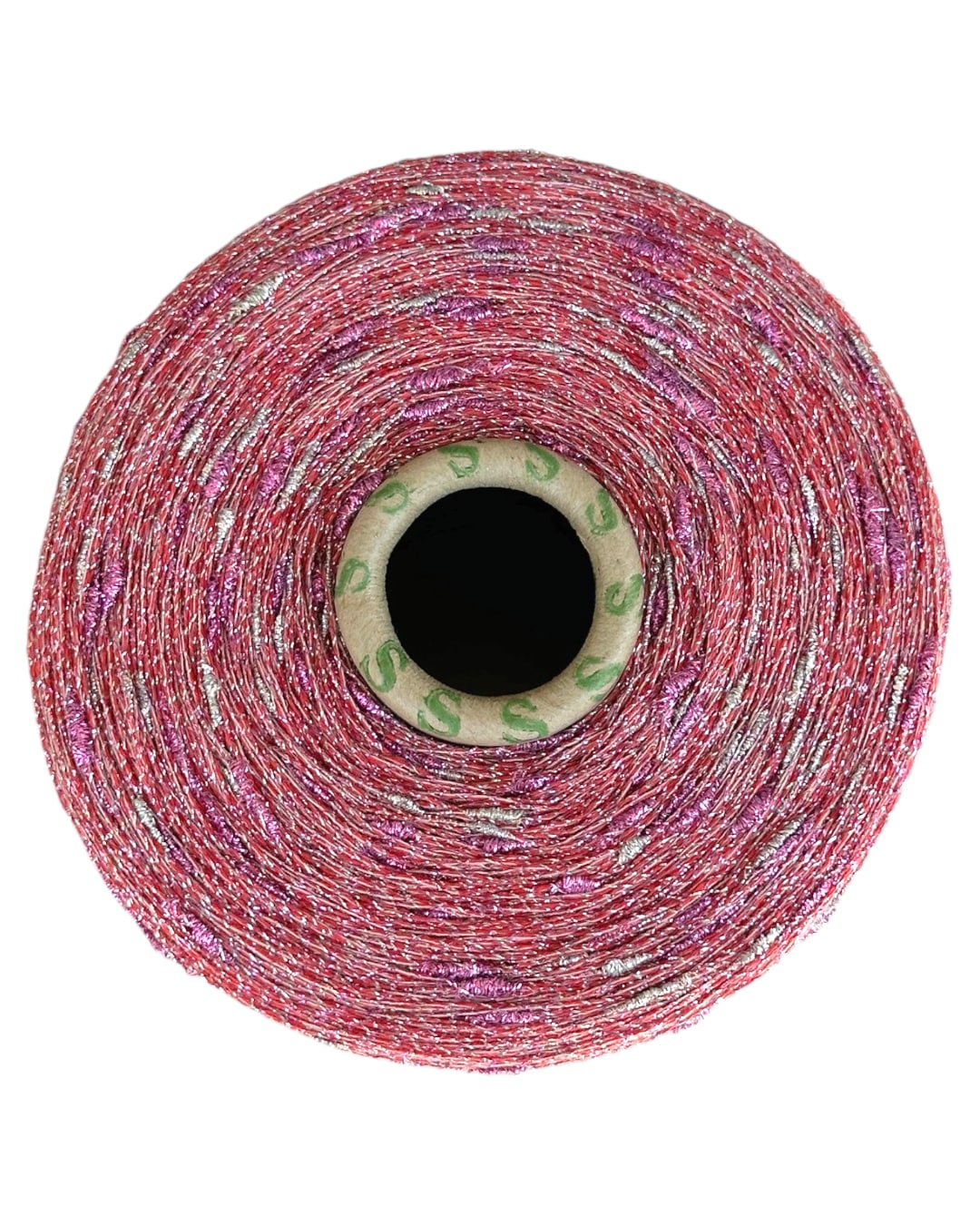 Spool of pink yarn with a green label on a white background