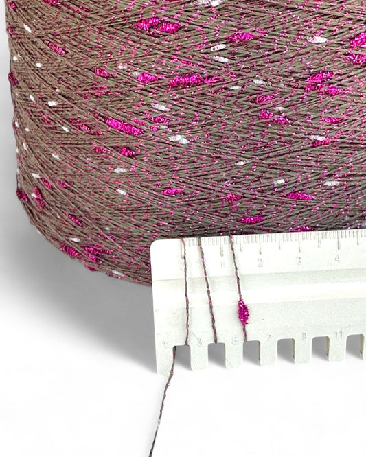  Velvet Moss knot yarn with olive base and fuchsia-silver sparkle