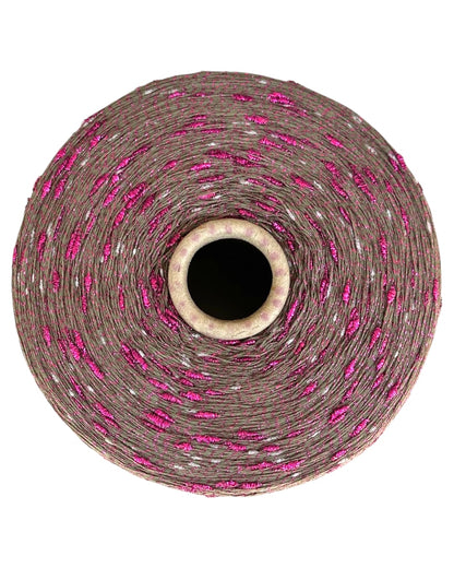 Roll of pink and gray yarn on a white background