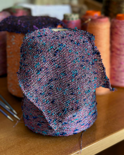 “Electric Bloom” — decorative knot yarn with shimmer and color