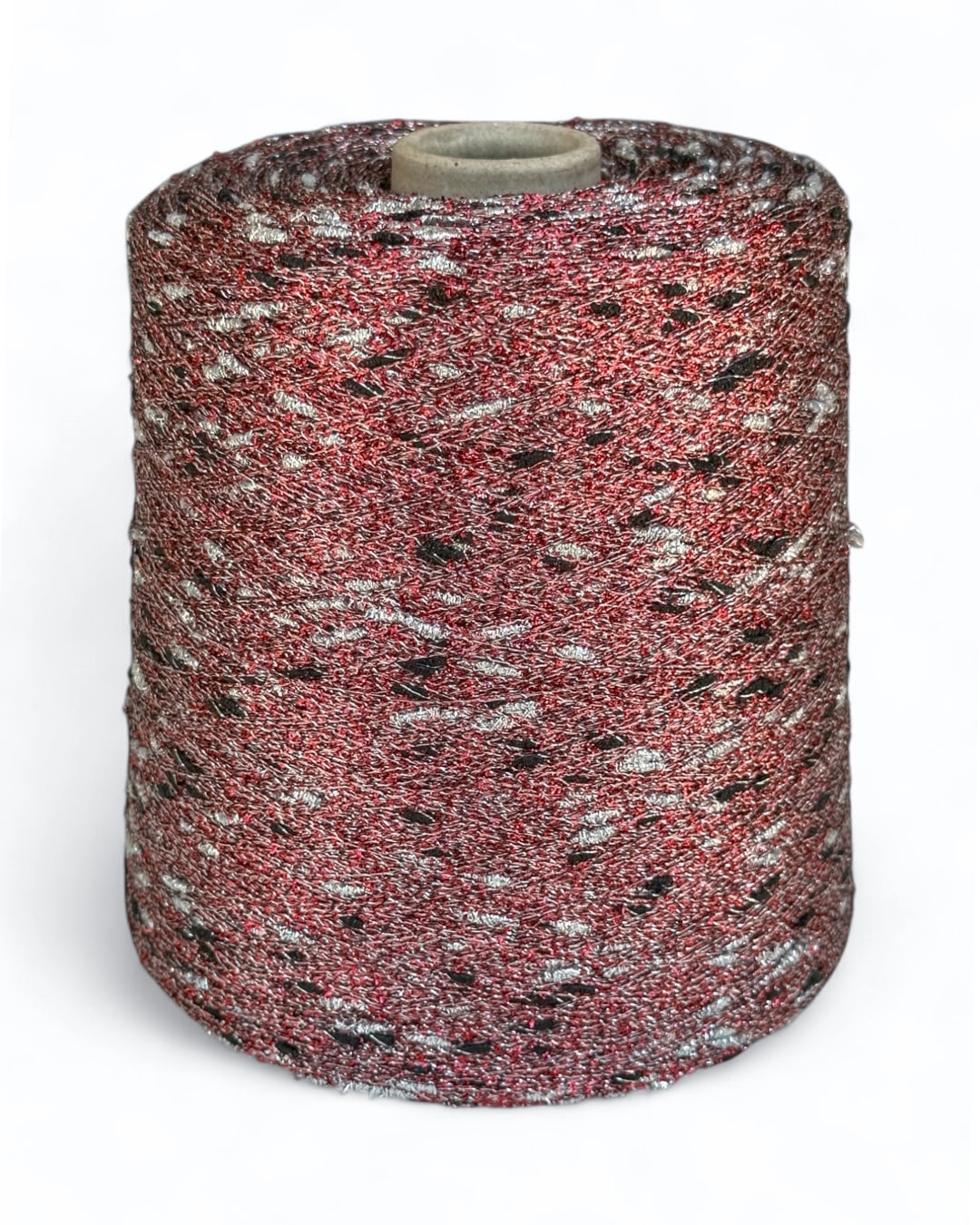 Midnight Cherry knot yarn with deep red base and black-silver sparkle accents