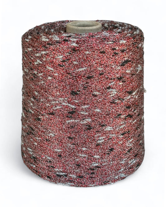 Midnight Cherry knot yarn with deep red base and black-silver sparkle accents
