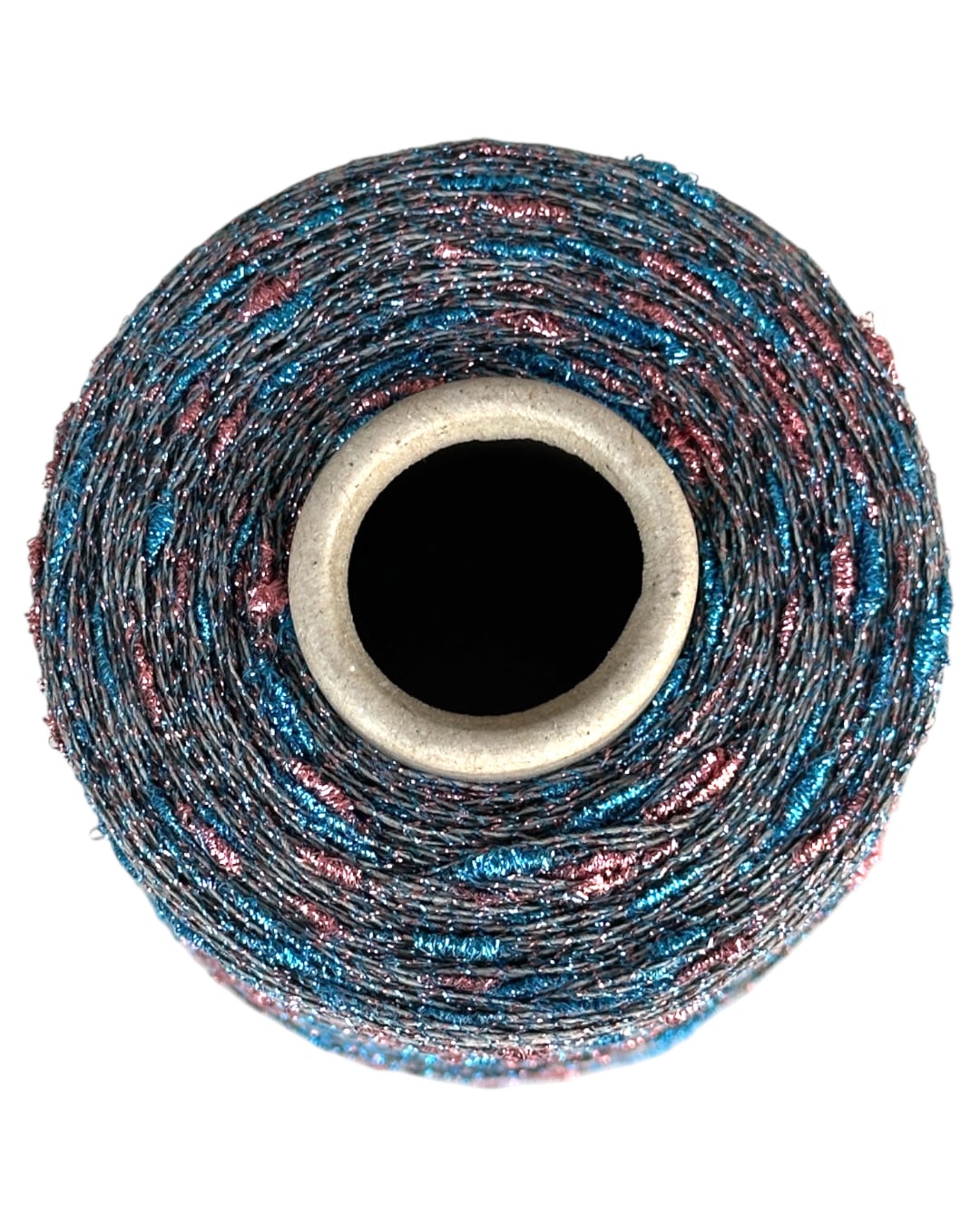 Spool of multicolored thread on a white background